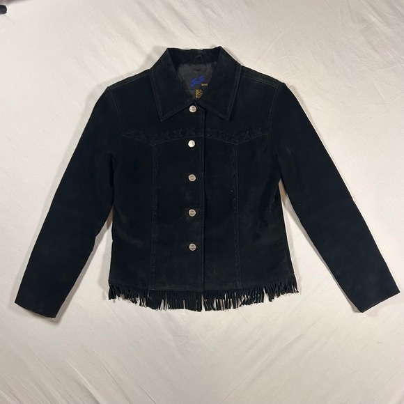 JouJou Skins Womens S Black Suede Leather Fringe Western Jacket Whipstitch VTG - Picture 2 of 12